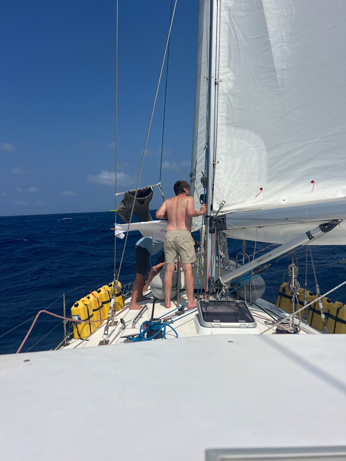 Getting ready to swing the whisker pole to the port side