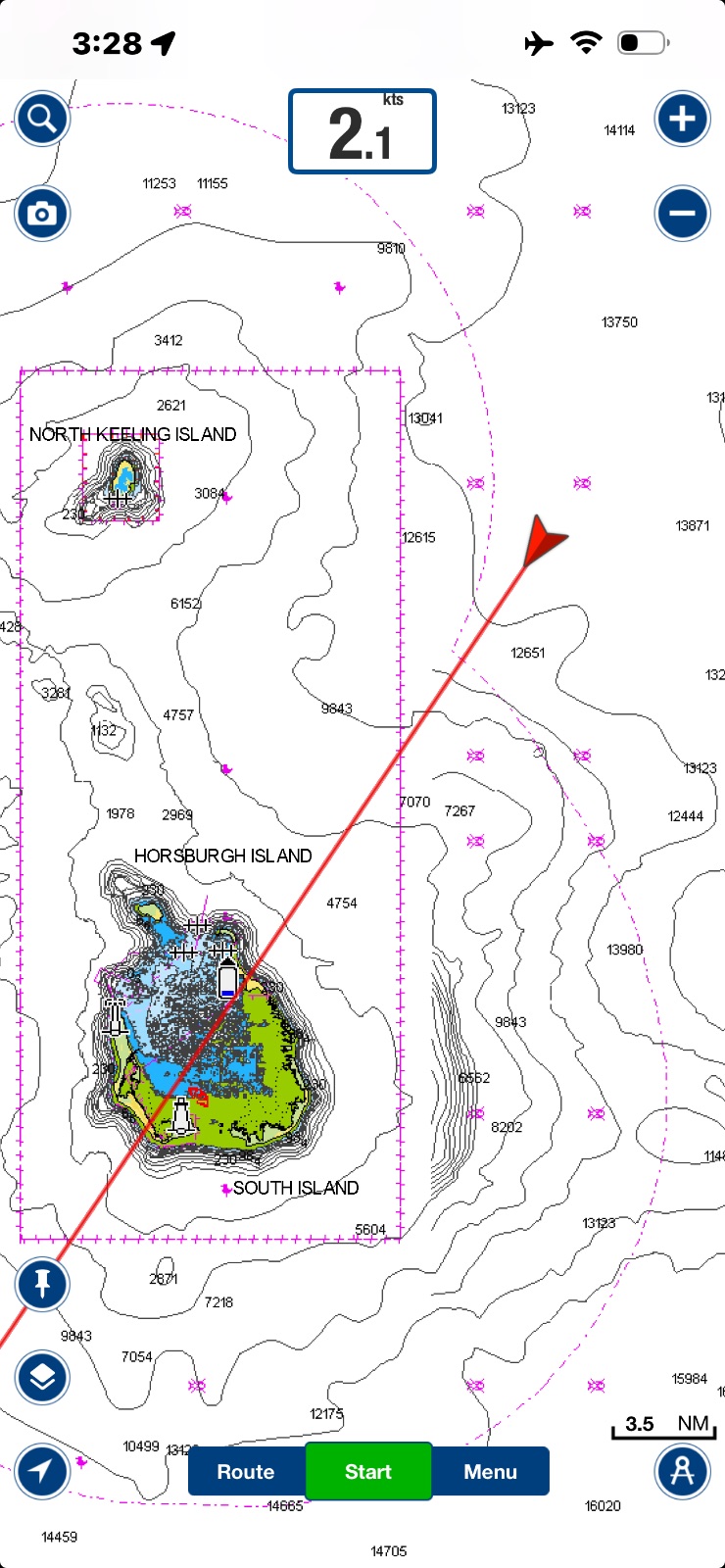 15 miles to Cocos Keeling. Sailing slow so can go through the reef after sunrise with some light.